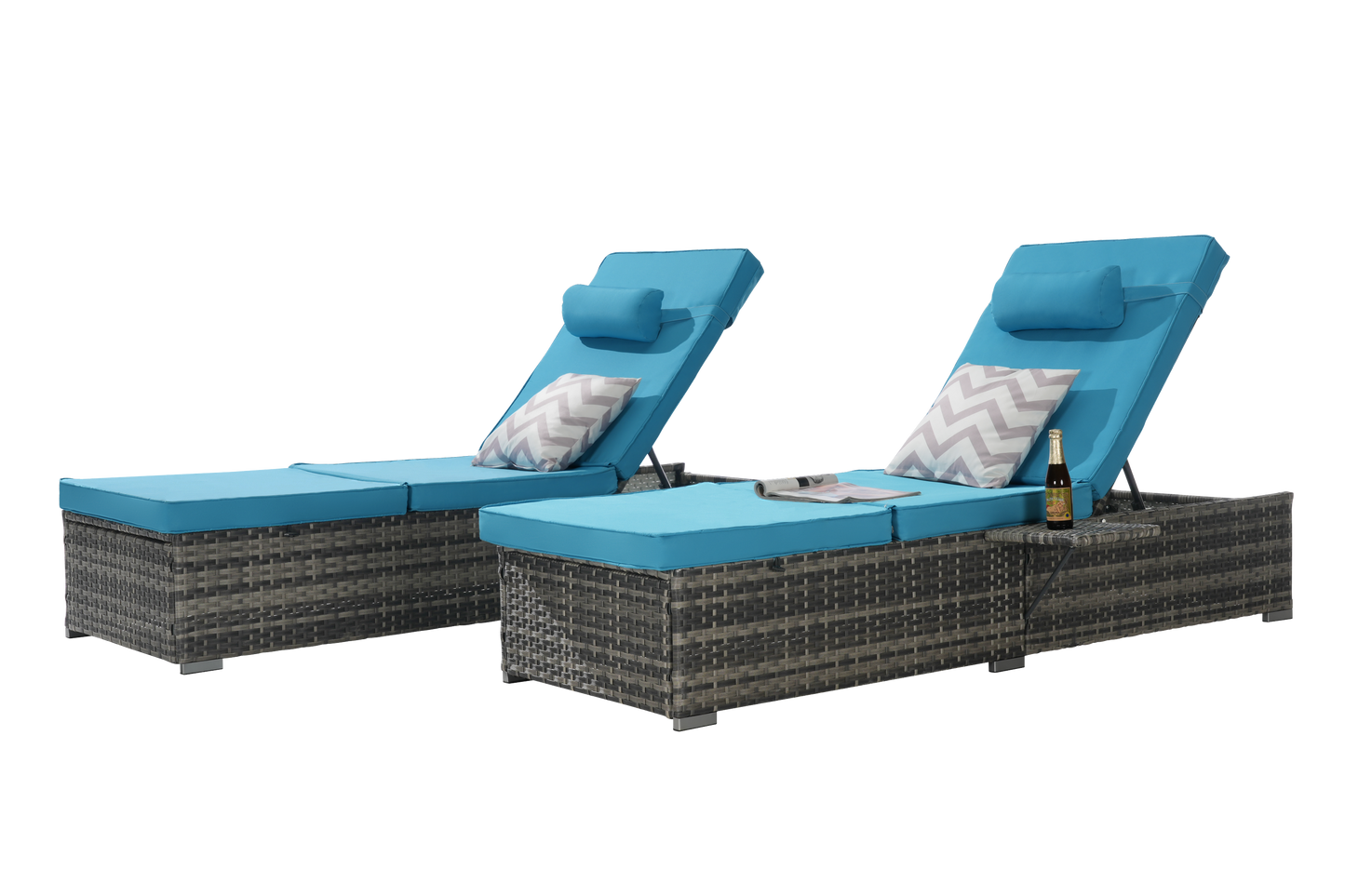 Chaise Lounge PE Rattan Steel Light Blue 5 Position Set of 2 600 LB