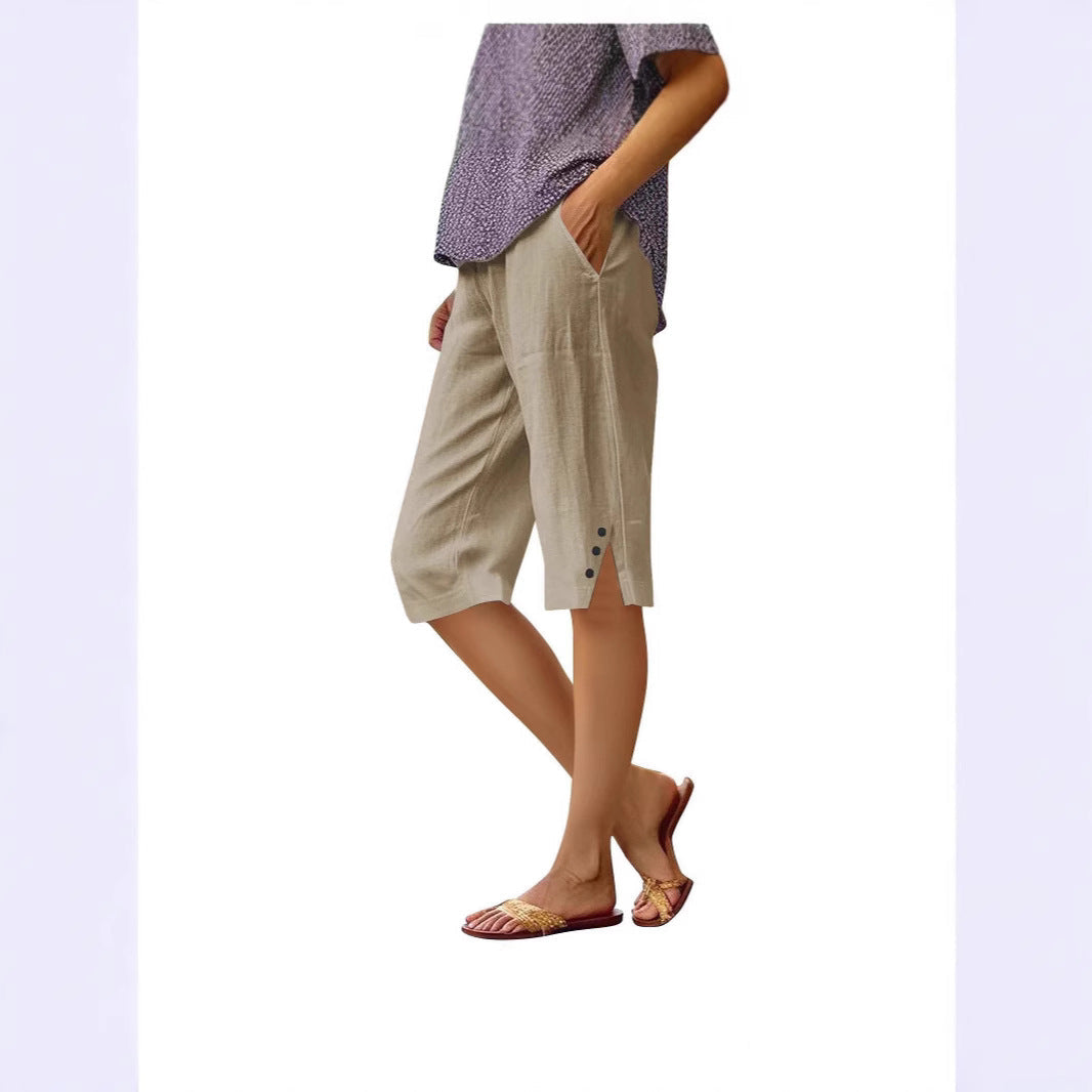 Casual Loose-fit Cotton-linen Drawstring Shorts With Pockets