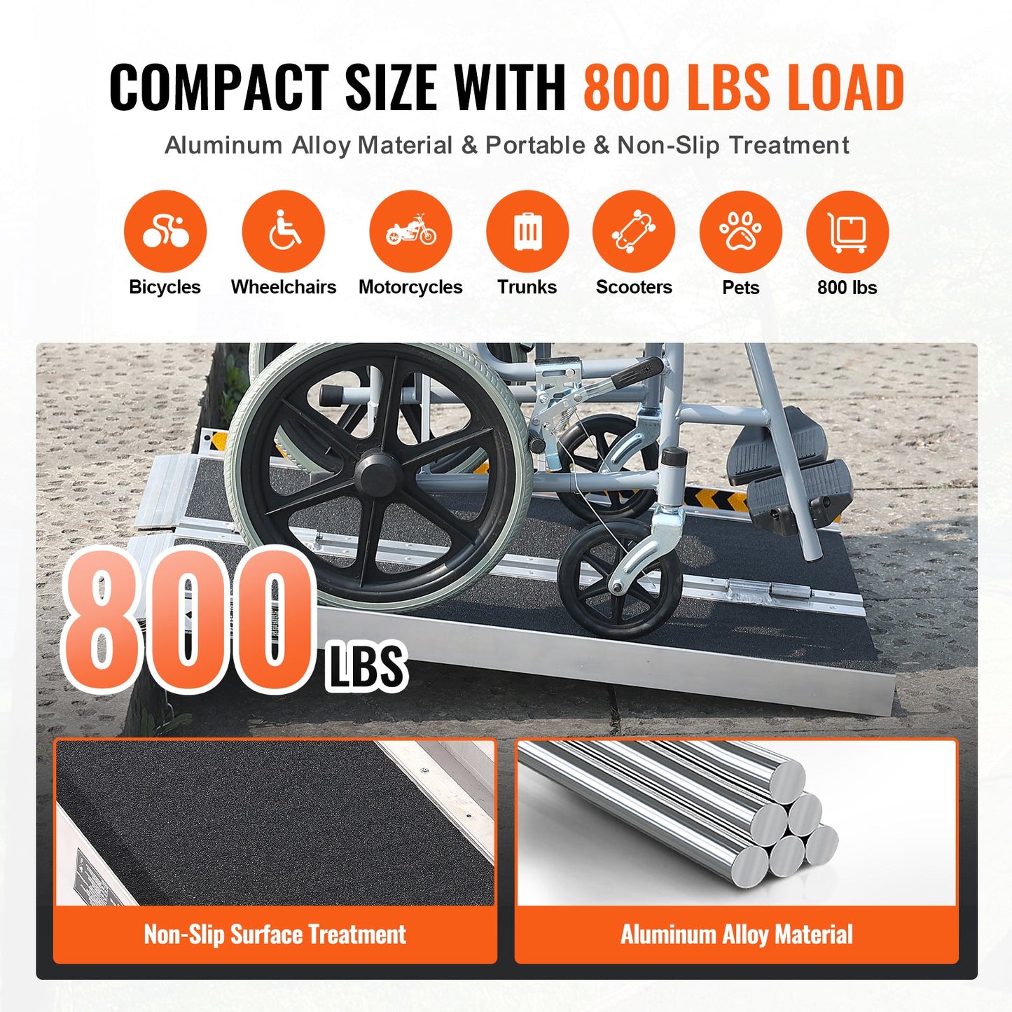 Wheelchair Ramp Aluminum 6 Ft Folding Non-Slip 800 Lb Capacity