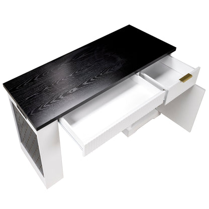 55' Modern Fluted Office Desk with Storage Cabinet and Drawers, Computer Writ...