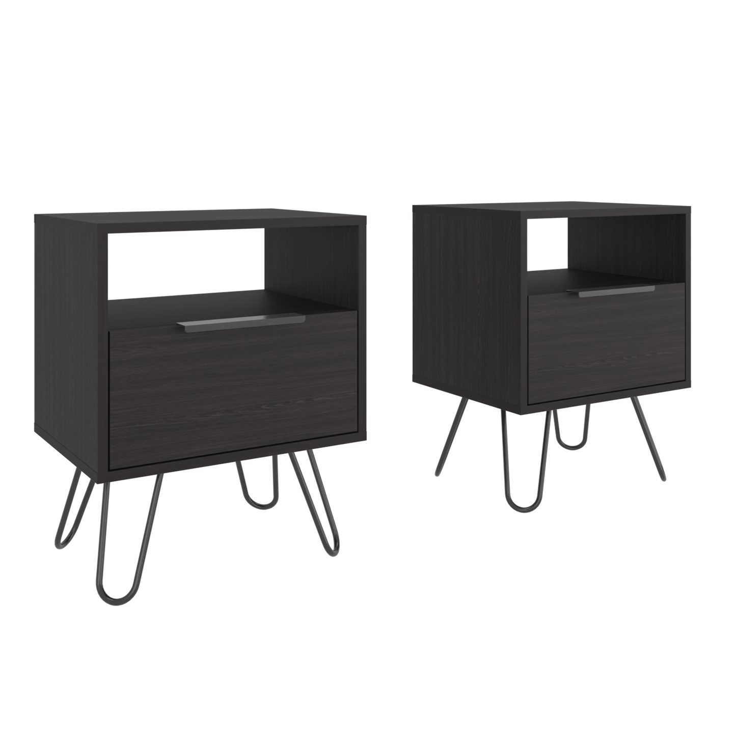 Set of 2 Modern Nightstands with Storage, Metal Legs, Wenge