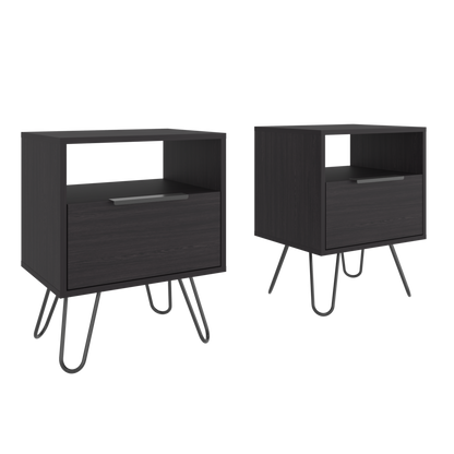 Set of 2 Modern Nightstands with Storage, Metal Legs, Wenge