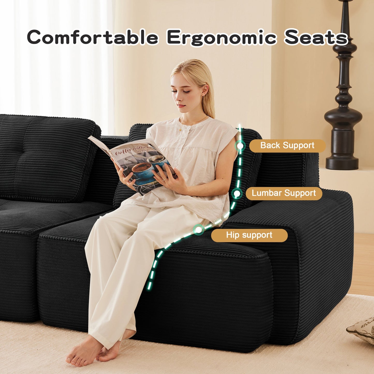 Sectional Sofa Modular Corduroy Black 3 Seat Tufted No Assembly