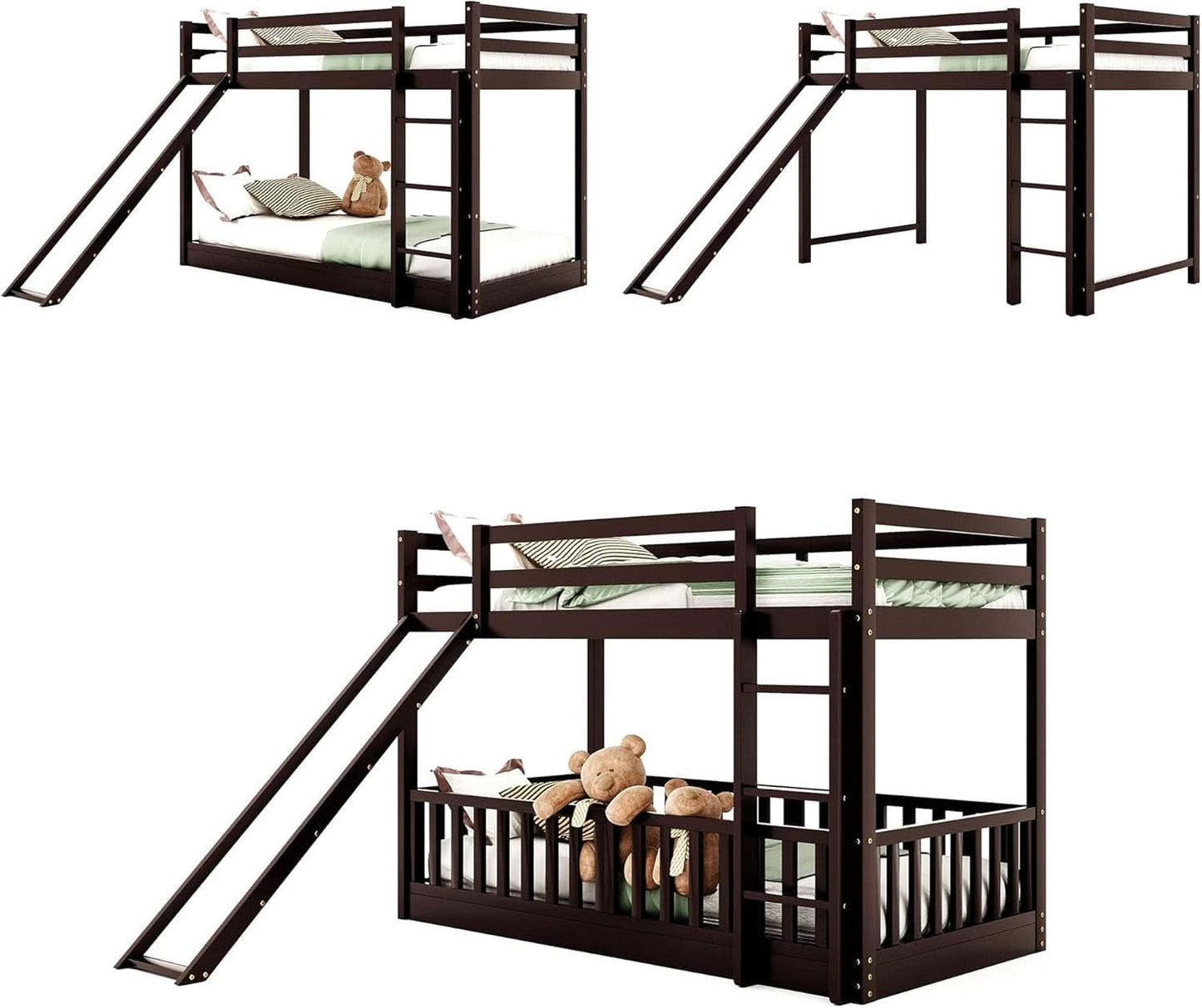 Twin Over Twin Floor Bunk Bed With Slide And Ladder