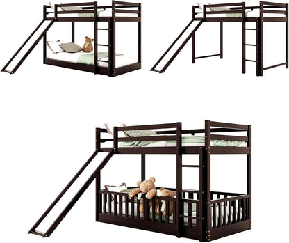 Twin Over Twin Floor Bunk Bed With Slide And Ladder