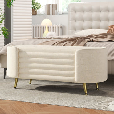 Storage Ottoman Oval Chenille Beige Metal Legs Hidden Storage 44.9x18x18 In