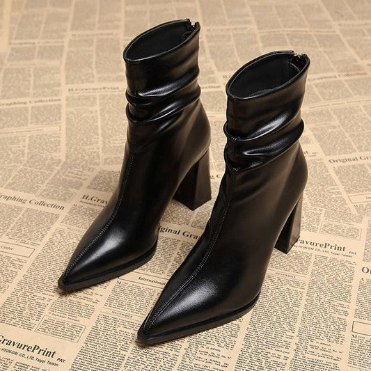Pointed-toe Velvet-lined Warm High-heeled Boots For Women