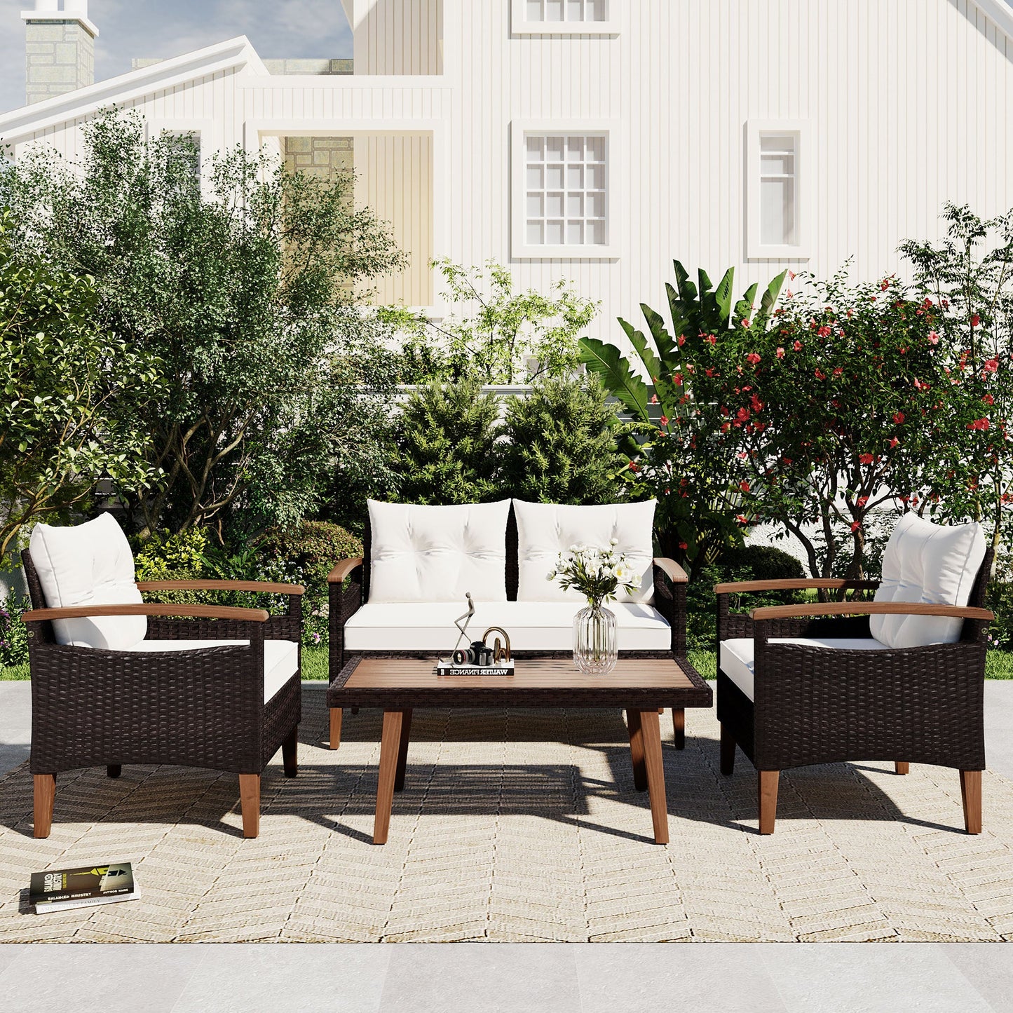 Outdoor Rattan Sofa Set 4 Piece Modular Beige