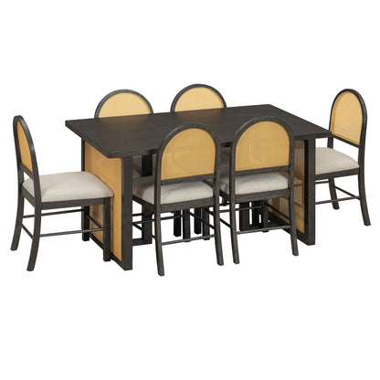 7-Piece Farmhouse Dining Table Set for 6, 59.8 in Rectangular Table with Rattan Chairs