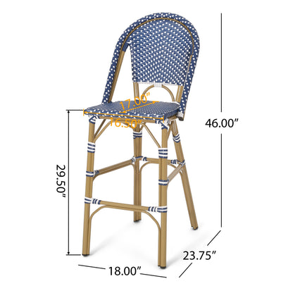 Outdoor PE Rattan French Barstool Set, Dark Teal and White, Aluminum Frame,