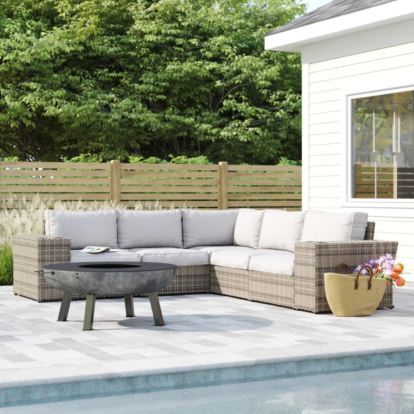 Outdoor Sectional Set HDPE Wicker Aluminum Gray L-Shape 102 In Seats 4