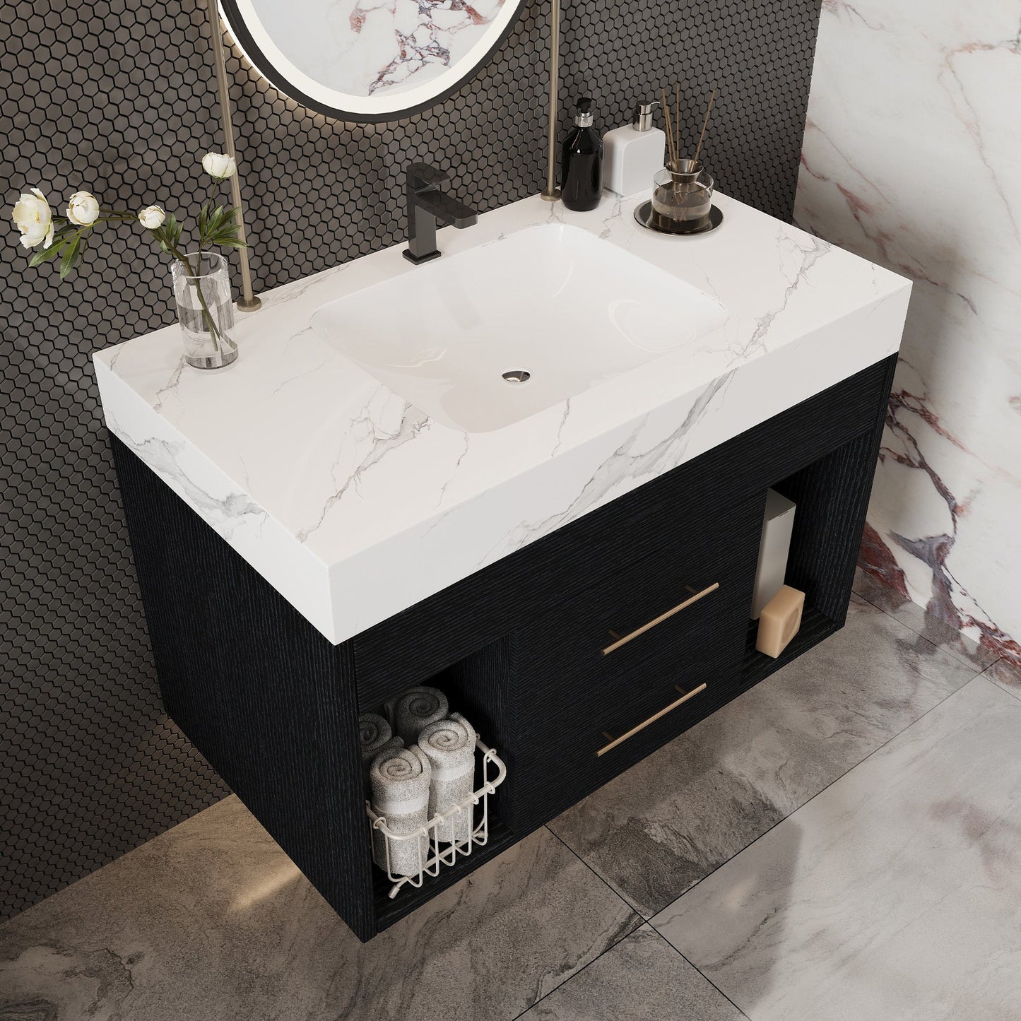 29.9' Modern Floating Bathroom Vanity with Sintered Stone Top Ceramic Undermo...