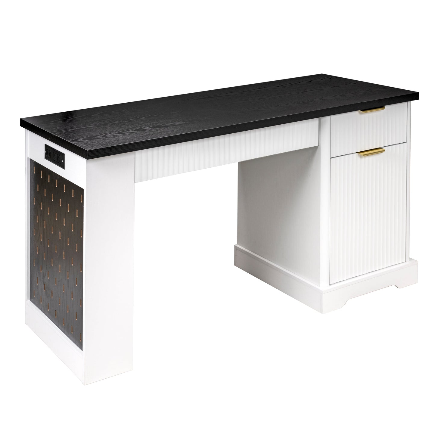 55' Modern Fluted Office Desk with Storage Cabinet and Drawers, Computer Writ...
