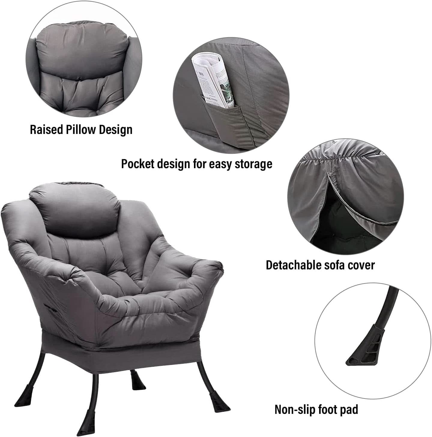 Dark Grey Lazy Chair With Ottoman Footrest And Side Pocket