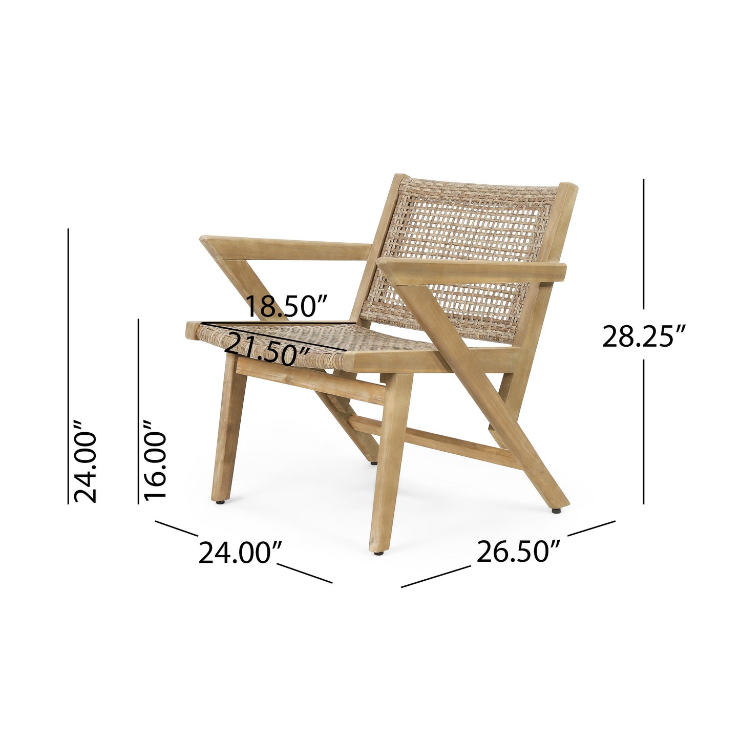 Club Chair Transitional Wicker Light Brown Acacia Frame Set of 2 24x27x28 In