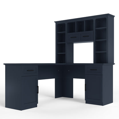 L-Shaped Computer Desk with 2 Cabinets and 2 Drawers, 11 Open Shelves and 1 R...