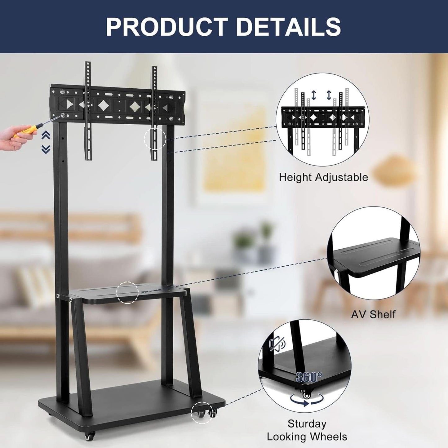 Height Adjustable Rolling TV Stand for 32-75 Inch TVs