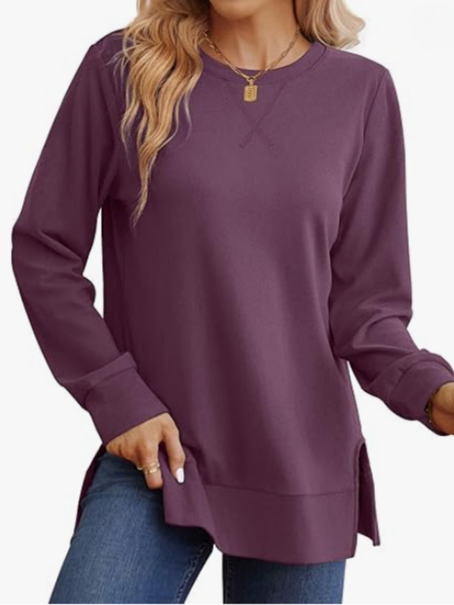 Womens Crew-Neck Long-Sleeve T-Shirt With Side Slits Casual Top