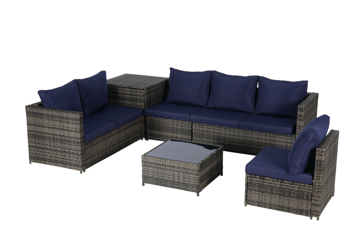Outdoor Sectional Set PE Rattan Steel Dark Blue L-Shape 6 Piece Seats 8
