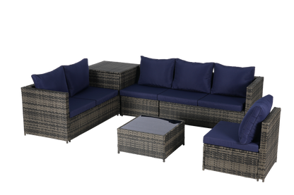 Outdoor Sectional Set PE Rattan Steel Dark Blue L-Shape 6 Piece Seats 8