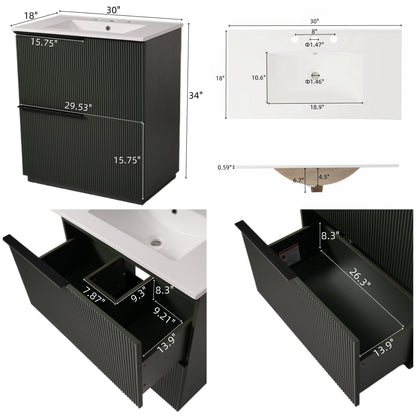 Green Fluted Bathroom Vanity with Ceramic Sink, 30' Full-Extension Drawers, S...