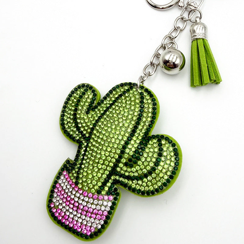 Diamond-Encrusted Cactus Keychain With Tassel Metal Pendant