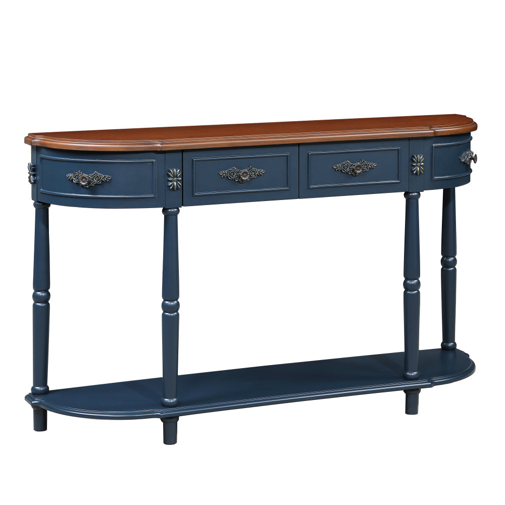 Retro Half-Moon Console Table with 2 Drawers & Open Shelf | 52" Curved Solid Wood Sofa Table — Navy Blue & Brown