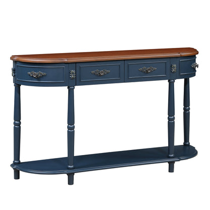 Retro Half-Moon Console Table with 2 Drawers & Open Shelf | 52" Curved Solid Wood Sofa Table — Navy Blue & Brown
