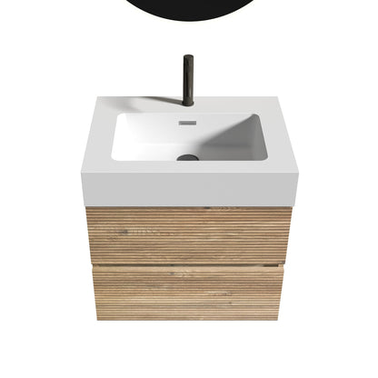 24' Rough Oak Bathroom Vanity with White Glossy Engineered Quartz Sink Soft Drawers
