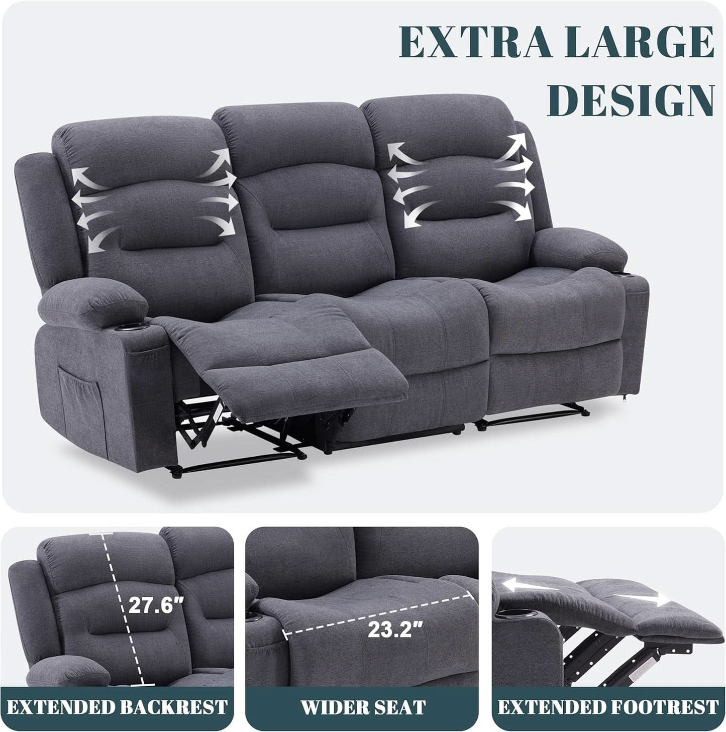 Oversized Charcoal Grey Recliner Sofa With USB Port And Heated Massage