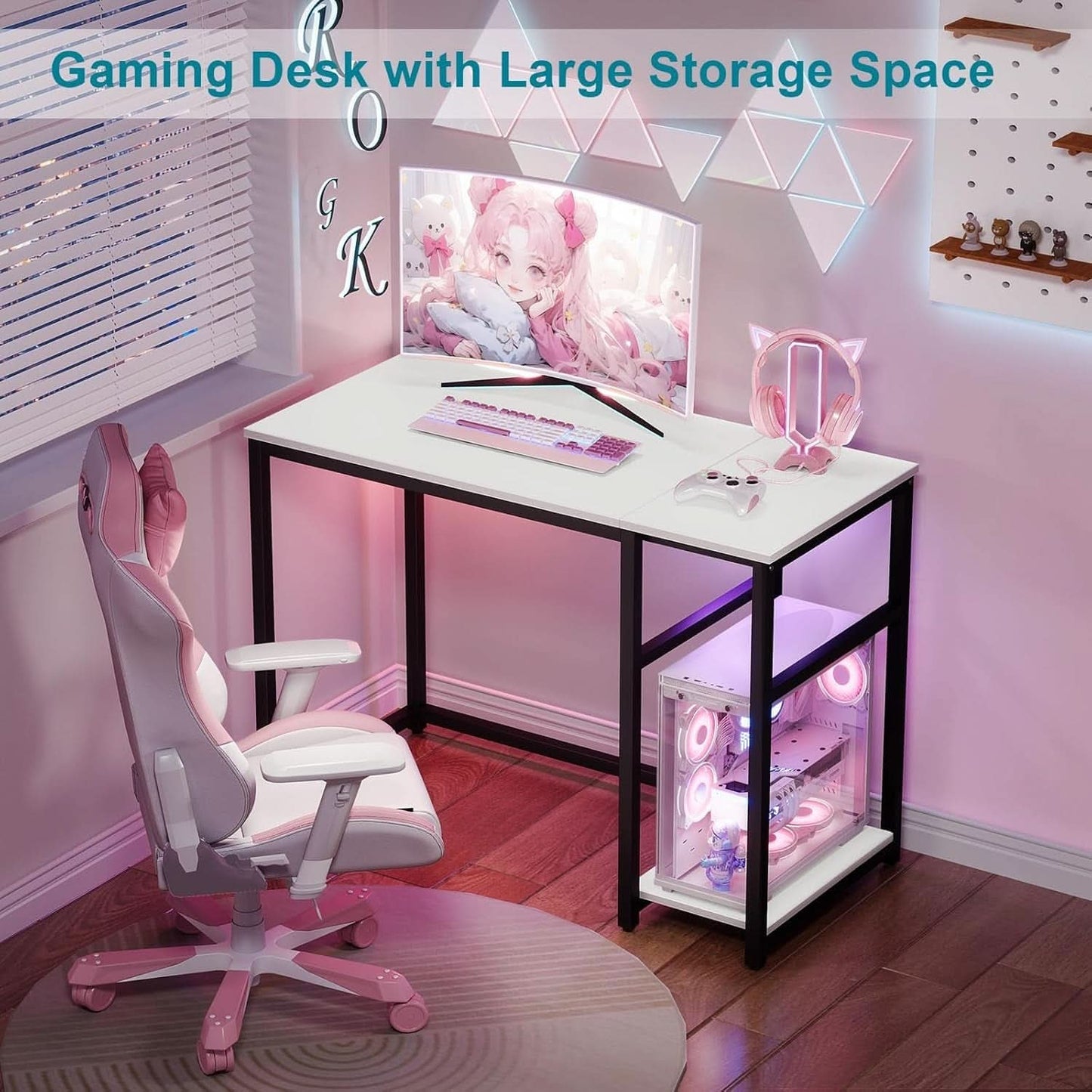 40 Inch White Computer Desk With 2 Tier Shelves Home Office