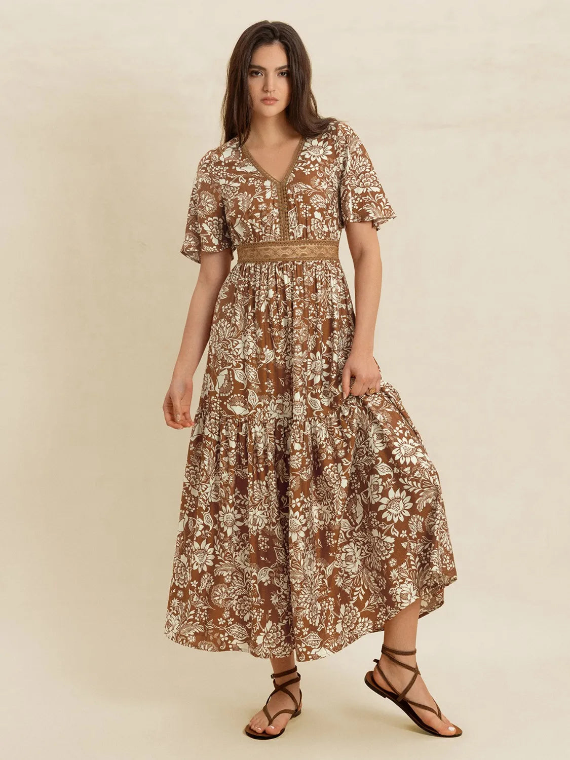 Lace Detail Printed Short Sleeve Midi Dress