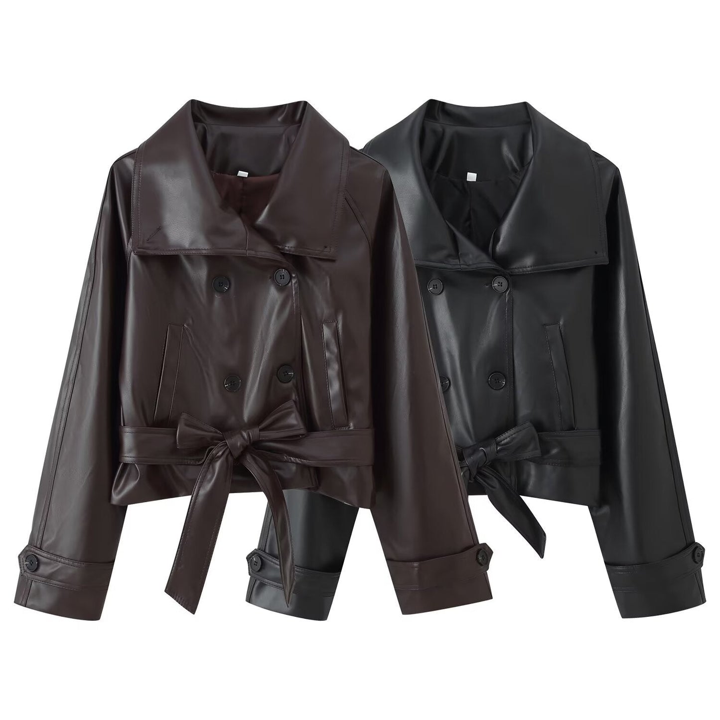 Trendy Wild Two-color Double Breasted Short Lace Up Leather Coat