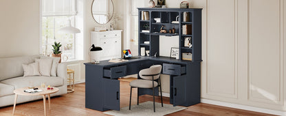 L-Shaped Computer Desk with 2 Cabinets and 2 Drawers, 11 Open Shelves and 1 R...