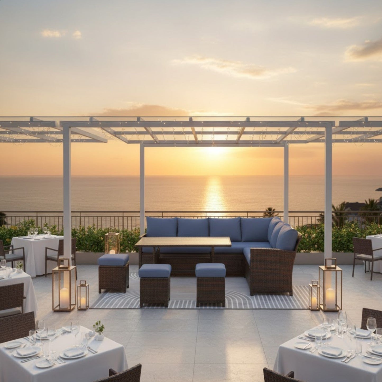 Outdoor Dining Set PE Rattan Brown Blue 7 Piece Seats 8