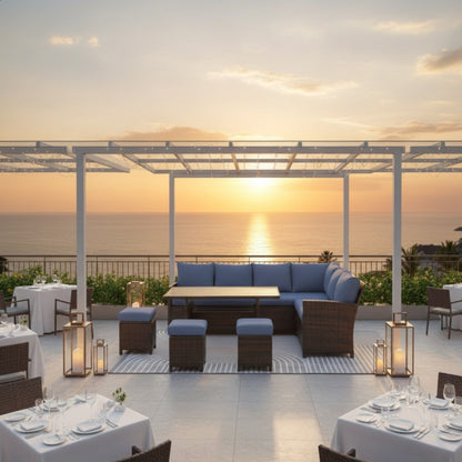 Outdoor Dining Set PE Rattan Brown Blue 7 Piece Seats 8