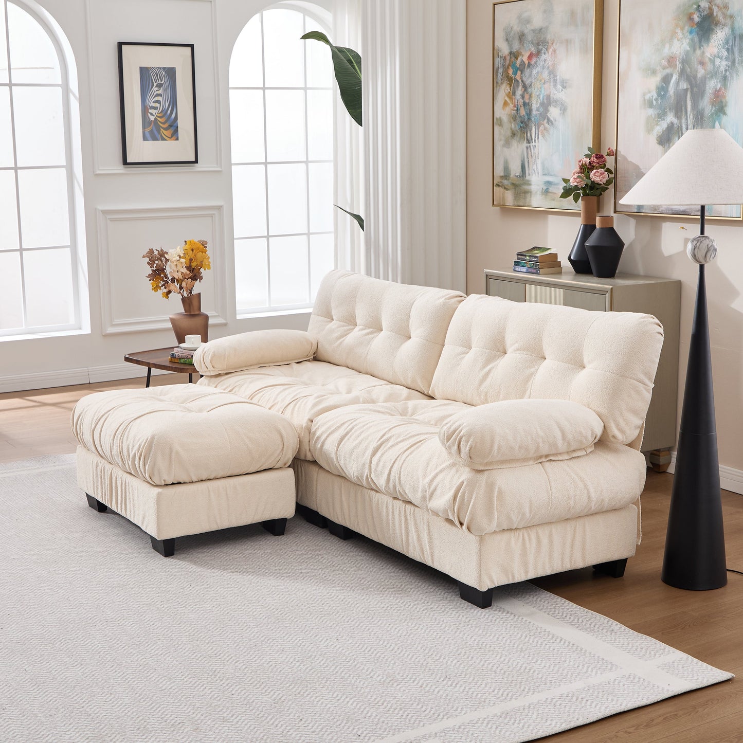 Sectional Sofa L-Shape Cloud Flannelette Beige 3 Seat 88 In 4 Pillows