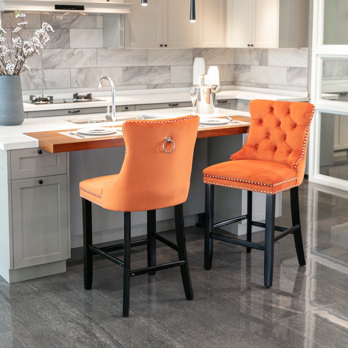 Velvet Upholstered Barstool Set of 2, Button Tufted, Chrome Nailhead, Orange