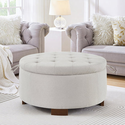 Round Storage Ottoman with Reversible Lid, Boucle Fabric Upholstered, Beige