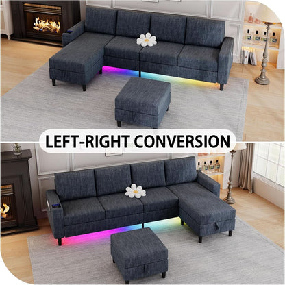 Blue Sectional Sofa With Reversible Chaise And Ottoman
