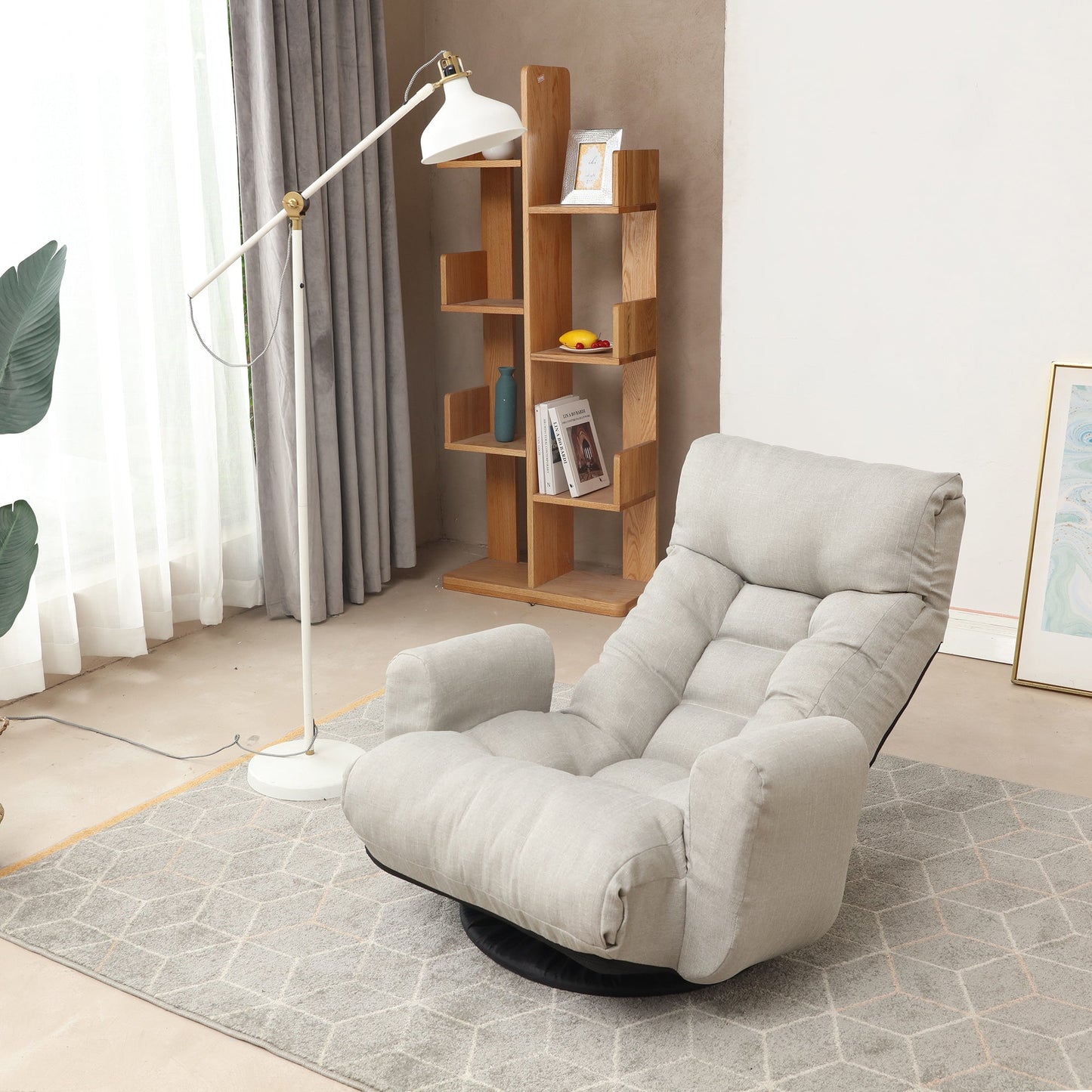 Floor Gaming Lounge Chair Swivel 360 Linen Gray 5-Position Adjustable 31x43 In