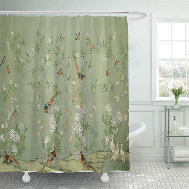 Green Flower-bird Print Shower Curtain