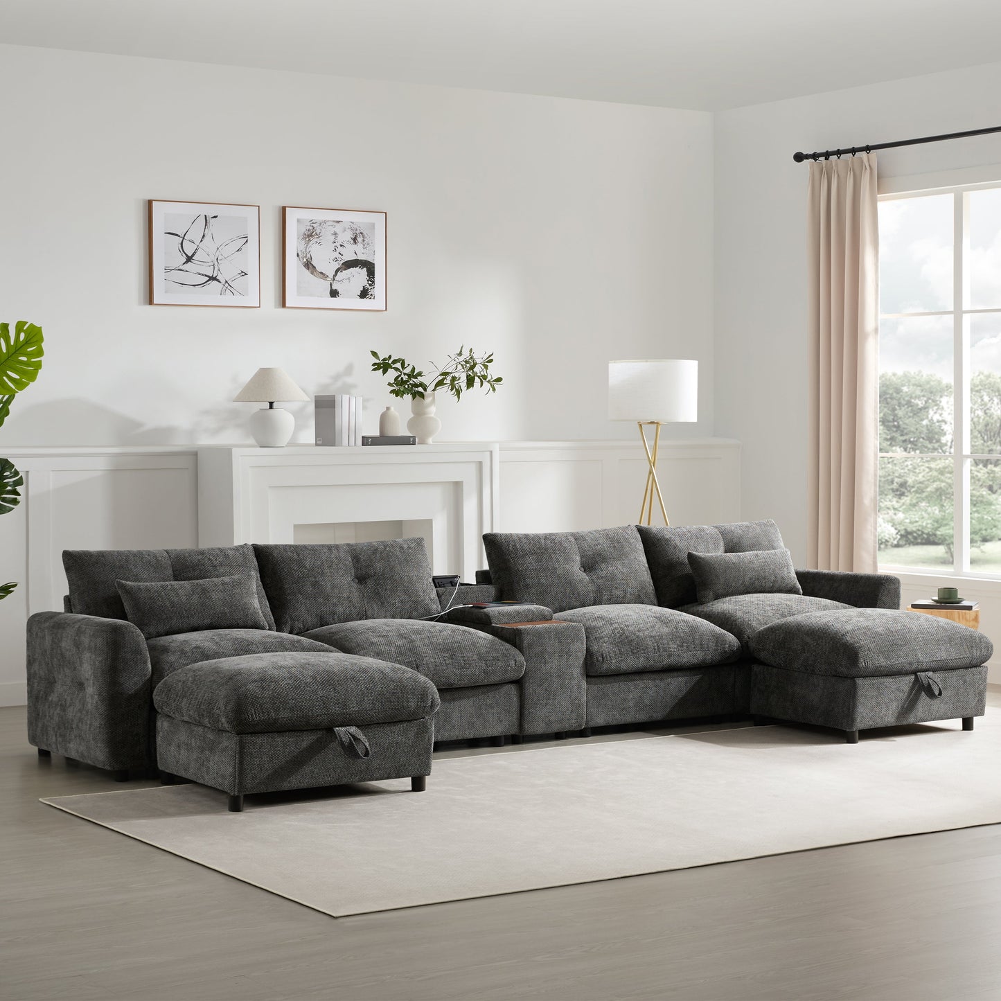 Sectional Sofa U-Shape Chenille Gray 6 Seat USB Console 136 In