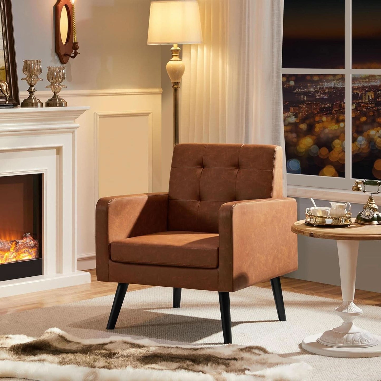 Brown PU Leather Midcentury Upholstered Ergonomic Armchair