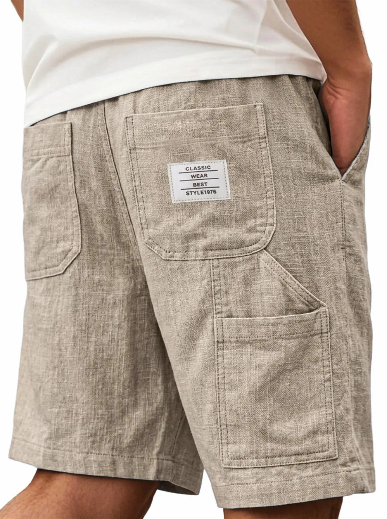 Mens Solid-Color Bamboo-Texture Linen Multi-Pocket Shorts