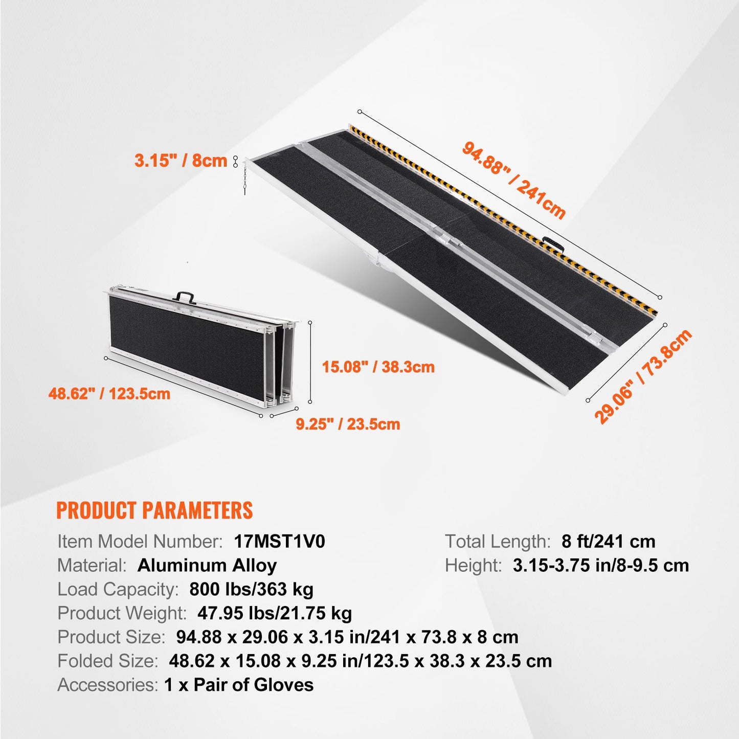 8 Ft Aluminum Folding Wheelchair Ramp Non-Slip 800 Lb