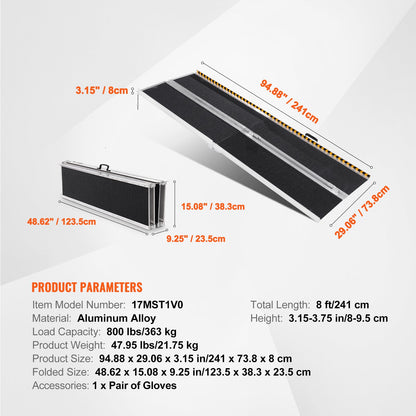 8 Ft Aluminum Folding Wheelchair Ramp Non-Slip 800 Lb