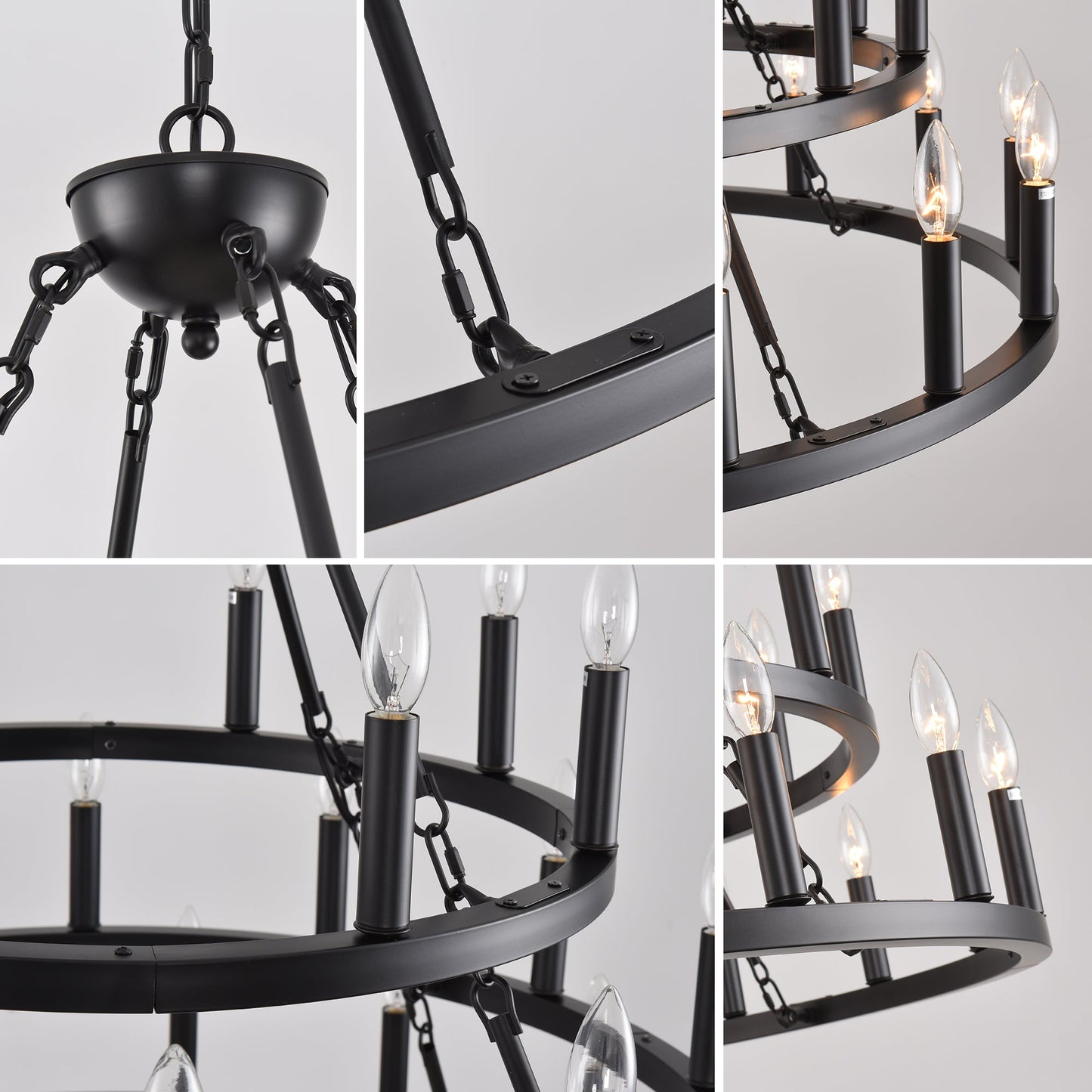 Chandelier Wagon Wheel 3-Tier 36-Light Black Metal 39.37 In Industrial