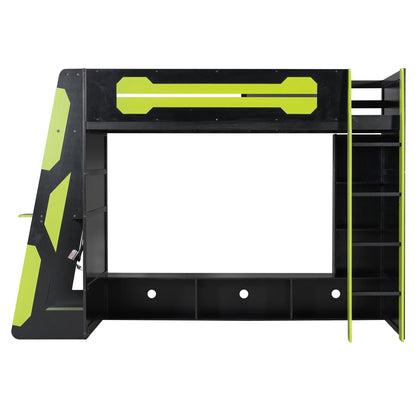 Twin Size Wood Loft Bed with Desk, Multi-storage Shelves and RGB Light, Green