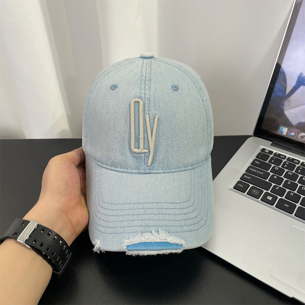 Retro Washed Distressed Denim Baseball Cap With Patch Holes And Embroidered Letter QY Soft Top Casual And Versatile Beanie
